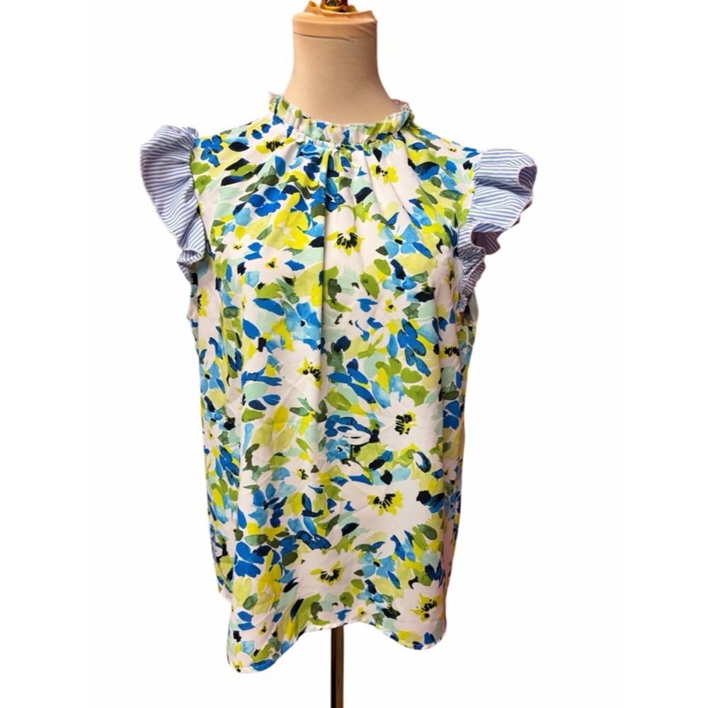 SHEIN Blue Green Floral Ruffle Sleeve Blouse Size Large